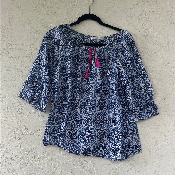 Milly Tops - Milly Navy and White Patterned Blouse with Pink Tie